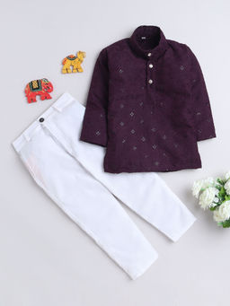 FOURFOLDS - Boys Embroidered Purple Full Sleeve Kurta & Pyjama (Set of 2)