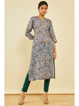 Soch - Womens Grey Linen Floral Kurta