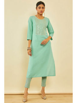 Soch - Womens Turquoise Blue Viscose Blend Embellished Kurta