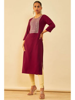 Soch - Womens Wine Viscose Blend Embellished Kurta