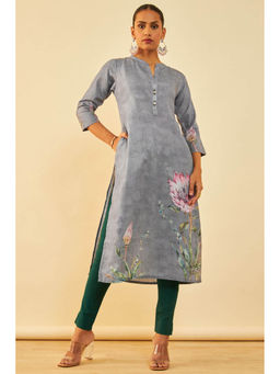 Soch - Womens Grey Cotton Floral Kurta With Beads