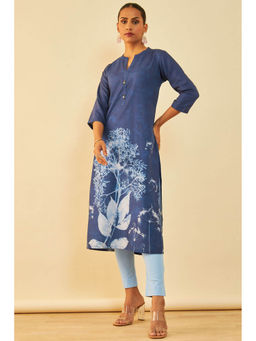 Soch - Womens Blue Cotton Floral Kurta With Beads