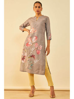 Soch - Womens Grey Cotton Floral Kurta