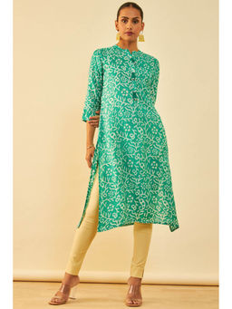 Soch - Womens Green Viscose Batik Print Kurta With Tassels