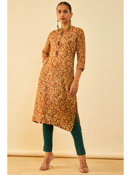 Soch - Womens Brown Viscose Batik Print Kurta With Tassels