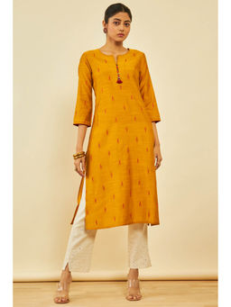 Soch - Womens Mustard Silk Blend Ikkat Print Kurta With Thread Work