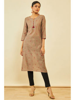 Soch - Womens Brown Silk Blend Ikkat Print Kurta With Thread Work