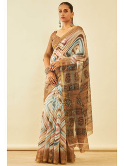 Soch - Womens Brown Chanderi Abstract Saree with Unstitched