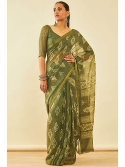 Soch - Womens Olive Chanderi Geometric Saree with Unstitched
