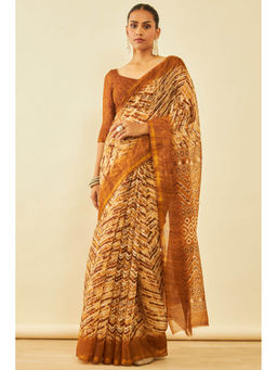 Soch - Womens Brown Chanderi Abstract Saree with Unstitched