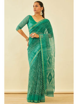 Soch - Womens Green Chanderi Leheriya Print Saree with Unstitched