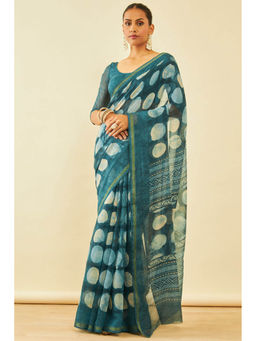Soch - Womens Teal Chanderi Geometric Saree with Unstitched