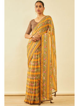 Soch - Womens Mustard Chiffon Floral Saree with Unstitched
