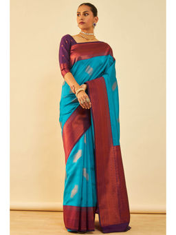 Soch - Womens Turquoise Blue Silk Blend Zari Woven Saree with Unstitched