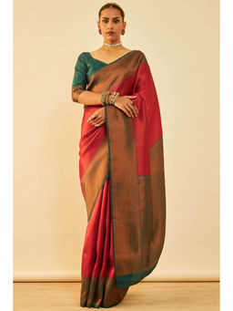 Soch - Womens Maroon Silk Blend Zari Woven Saree with Unstitched