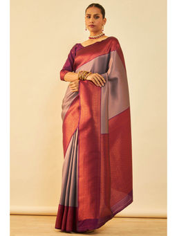 Soch - Womens Grey Silk Blend Zari Woven Saree with Unstitched