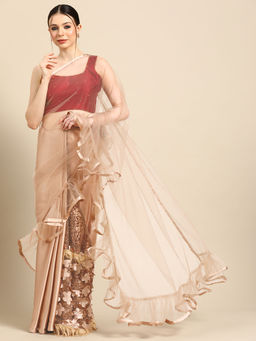 Tikhi Imli - Beige Colored Net & Satin Embroidered Half & Half Saree with Unstitched Blouse