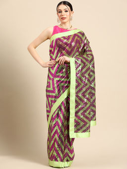 Tikhi Imli - Pink & Green Sequin Net Saree with Unstitched Blouse