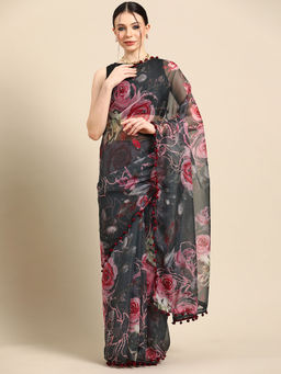 Tikhi Imli - Grey & Pink Colored Digital Printed Organza Saree With Pompom Lace with Unstitched Blouse