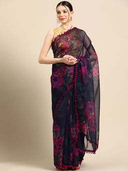 Tikhi Imli - Navy Blue Colored Digital Printed Organza Saree With Pompom Lace with Unstitched Blouse