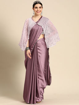 Tikhi Imli - Mauve Solid Colored Satin Gota Work Saree With Cape with Unstitched Blouse