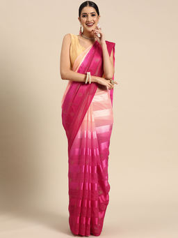 Tikhi Imli - Pink & Peach Shaded Satin Striped Saree with Unstitched Blouse