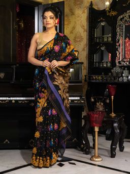 Arhi - Black Blended Cotton Handwoven Jamdani Saree without Blouse
