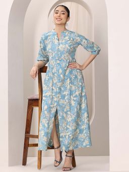 Libas - Blue Printed Silk Blend A-Line One Piece Dresses for Women