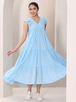 Libas - Blue Solid Cotton Fit and Flare One Piece Dresses for Women