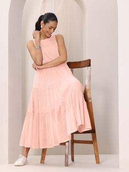 Libas - Peach Solid Cotton Fit and Flare One Piece Dresses for Women