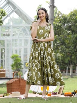 Stylum - Women Olive Green Floral Printed Cotton A-Line Dress