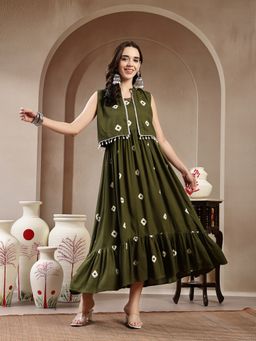 Stylum - Women Green Bhandej Printed Rayon Tiered Dress with Ethnic Jacket