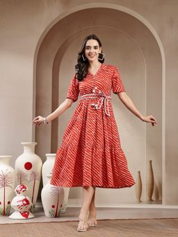 Stylum - Women Orange Leheriya Printed Cotton Tiered Dress with Belt