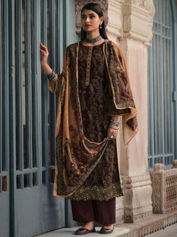 Stylee LIFESTYLE - Brown Crape Embroidered Dress Material (Set of 3)
