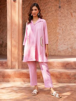 Indisangam - Pink Hand Embroidered Cotton Co-Ord Set