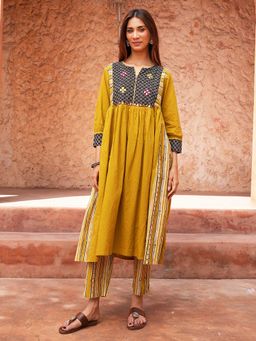 Indisangam - Mustard Embroidered Yoke Cotton Kurta and Pant