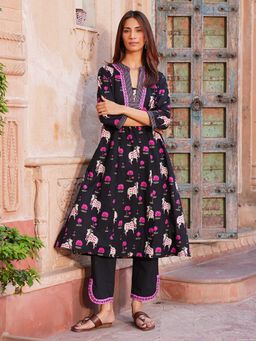 Indisangam - Black Pichwai Embroidered Cotton Kurta With Pant