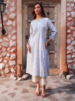 Indisangam - Blue White Chevron Cotton Kurta And Pant