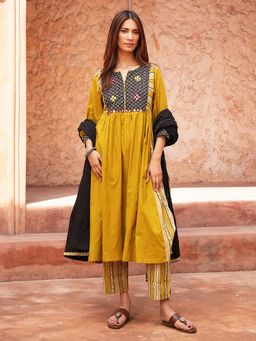Indisangam - Mustard Embroidered Yoke Cotton Kurta and Pant with Dupatta