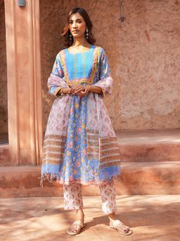 Indisangam - Sky Blue Embroidered Floral Cotton Kurta and Pant with Dupatta