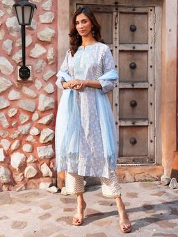 Indisangam - Blue White Chevron Cotton Kurta And Pant With Dupatta