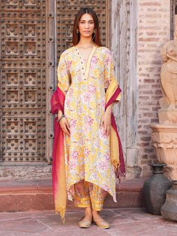 Indisangam - Yellow Chintz Embroidered Cotton Kurta And Salwar With Dupatta