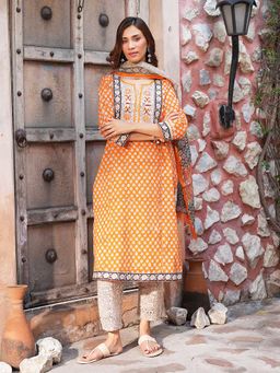 Indisangam - Orange Buta Floral Printed Cotton Kurta and Pant with Dupatta