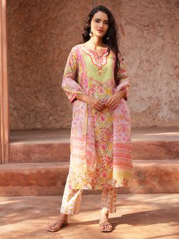 Indisangam - Peach Floral Chintz Cotton Kurta and Pant with Dupatta