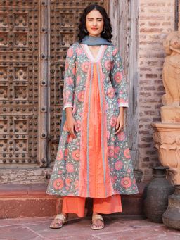 Indisangam - Teal Peach Lace Trim Cotton Kurta And Pant With Dupatta