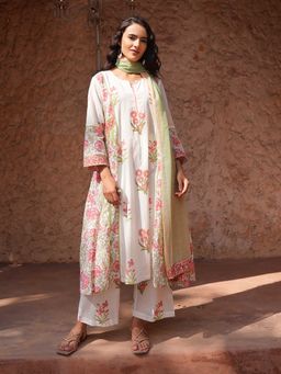 Indisangam - Ivory Bloom Lace Floral Cotton Kurta and Pant with Dupatta