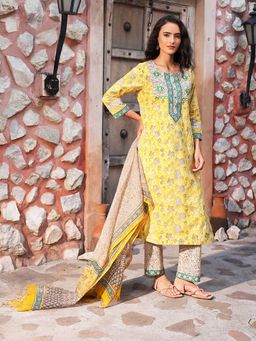 Indisangam - Sunlit Yellow Embroidered Cotton Kurta and Pant with Dupatta