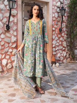 Indisangam - Green Chintz Floral Printed Cotton Kurta and Pant with Dupatta
