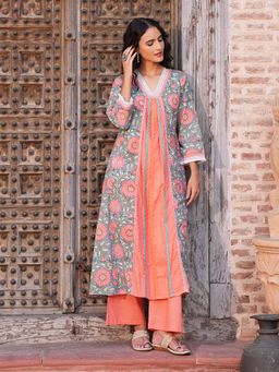 Indisangam - Teal Peach Lace Trim Cotton Kurta With Palazzo