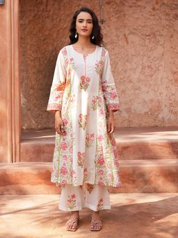 Indisangam - Ivory Bloom Lace Floral Cotton Kurta with Pant